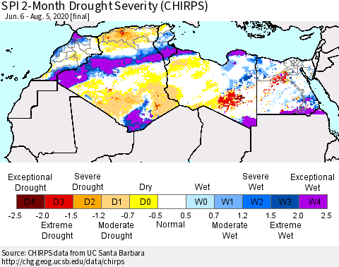 North Africa SPI 2-Month Drought Severity (CHIRPS) Thematic Map For 6/6/2020 - 8/5/2020