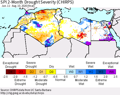 North Africa SPI 2-Month Drought Severity (CHIRPS) Thematic Map For 6/11/2020 - 8/10/2020