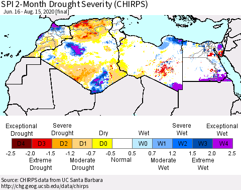 North Africa SPI 2-Month Drought Severity (CHIRPS) Thematic Map For 6/16/2020 - 8/15/2020