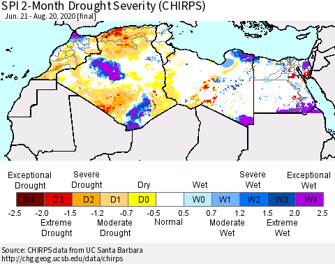 North Africa SPI 2-Month Drought Severity (CHIRPS) Thematic Map For 6/21/2020 - 8/20/2020