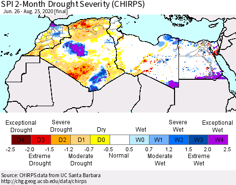 North Africa SPI 2-Month Drought Severity (CHIRPS) Thematic Map For 6/26/2020 - 8/25/2020