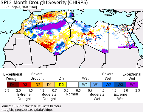 North Africa SPI 2-Month Drought Severity (CHIRPS) Thematic Map For 7/6/2020 - 9/5/2020