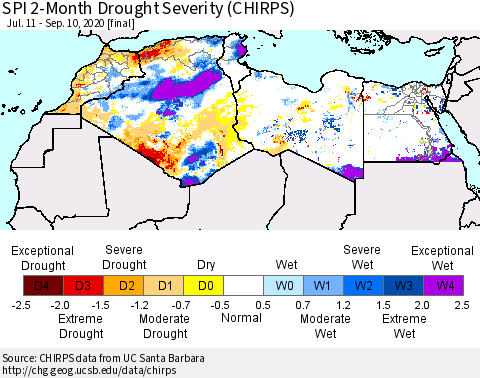 North Africa SPI 2-Month Drought Severity (CHIRPS) Thematic Map For 7/11/2020 - 9/10/2020