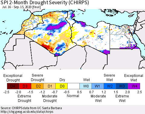 North Africa SPI 2-Month Drought Severity (CHIRPS) Thematic Map For 7/16/2020 - 9/15/2020
