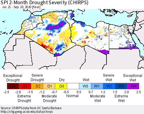 North Africa SPI 2-Month Drought Severity (CHIRPS) Thematic Map For 7/21/2020 - 9/20/2020