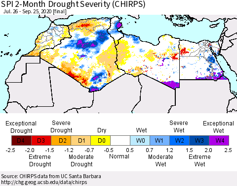 North Africa SPI 2-Month Drought Severity (CHIRPS) Thematic Map For 7/26/2020 - 9/25/2020