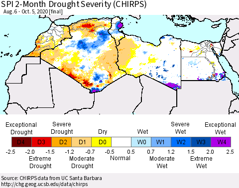 North Africa SPI 2-Month Drought Severity (CHIRPS) Thematic Map For 8/6/2020 - 10/5/2020