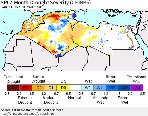 North Africa SPI 2-Month Drought Severity (CHIRPS) Thematic Map For 8/11/2020 - 10/10/2020