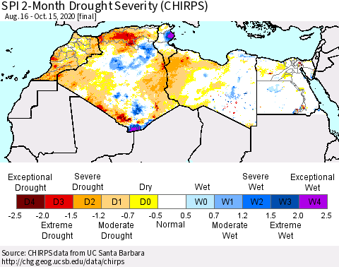 North Africa SPI 2-Month Drought Severity (CHIRPS) Thematic Map For 8/16/2020 - 10/15/2020