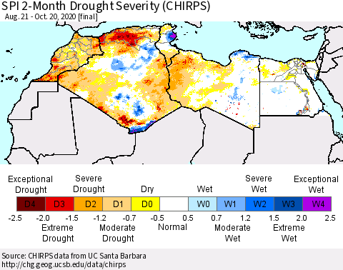 North Africa SPI 2-Month Drought Severity (CHIRPS) Thematic Map For 8/21/2020 - 10/20/2020