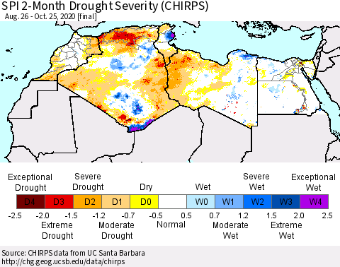 North Africa SPI 2-Month Drought Severity (CHIRPS) Thematic Map For 8/26/2020 - 10/25/2020