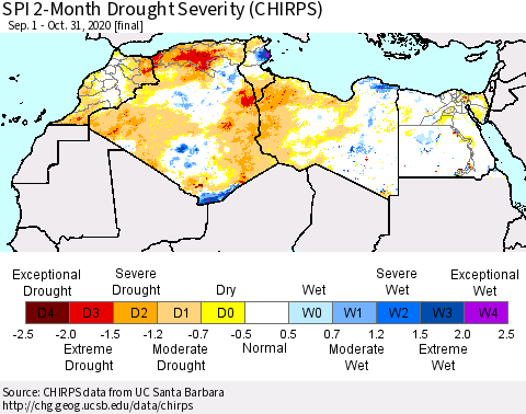 North Africa SPI 2-Month Drought Severity (CHIRPS) Thematic Map For 9/1/2020 - 10/31/2020