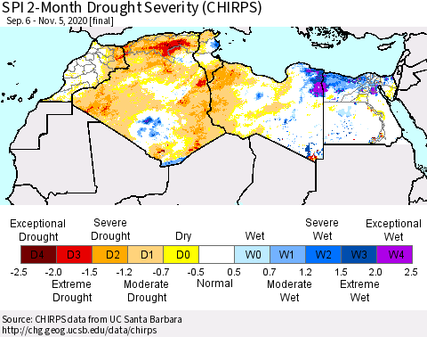 North Africa SPI 2-Month Drought Severity (CHIRPS) Thematic Map For 9/6/2020 - 11/5/2020