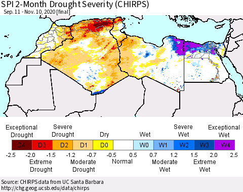 North Africa SPI 2-Month Drought Severity (CHIRPS) Thematic Map For 9/11/2020 - 11/10/2020