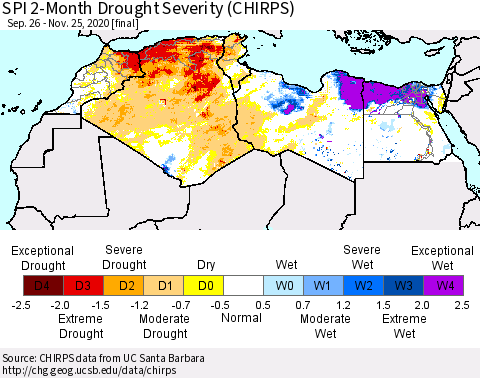 North Africa SPI 2-Month Drought Severity (CHIRPS) Thematic Map For 9/26/2020 - 11/25/2020