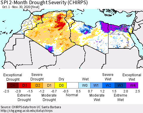 North Africa SPI 2-Month Drought Severity (CHIRPS) Thematic Map For 10/1/2020 - 11/30/2020