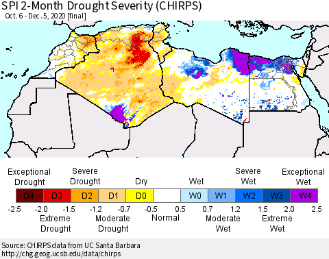 North Africa SPI 2-Month Drought Severity (CHIRPS) Thematic Map For 10/6/2020 - 12/5/2020