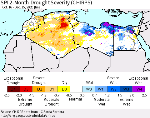 North Africa SPI 2-Month Drought Severity (CHIRPS) Thematic Map For 10/16/2020 - 12/15/2020