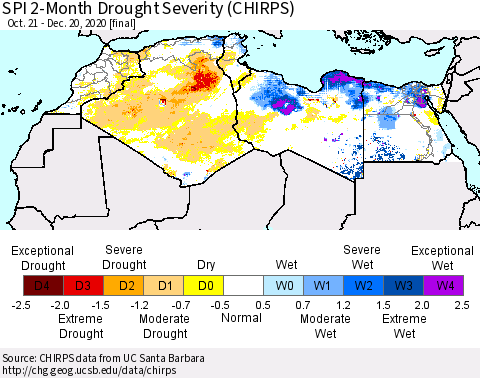 North Africa SPI 2-Month Drought Severity (CHIRPS) Thematic Map For 10/21/2020 - 12/20/2020