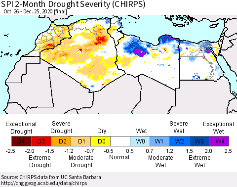 North Africa SPI 2-Month Drought Severity (CHIRPS) Thematic Map For 10/26/2020 - 12/25/2020