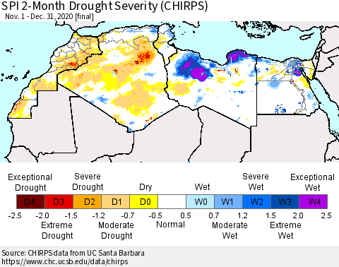North Africa SPI 2-Month Drought Severity (CHIRPS) Thematic Map For 11/1/2020 - 12/31/2020