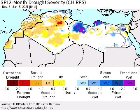 North Africa SPI 2-Month Drought Severity (CHIRPS) Thematic Map For 11/6/2020 - 1/5/2021