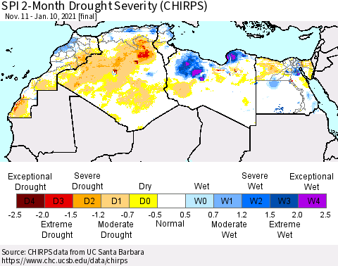 North Africa SPI 2-Month Drought Severity (CHIRPS) Thematic Map For 11/11/2020 - 1/10/2021