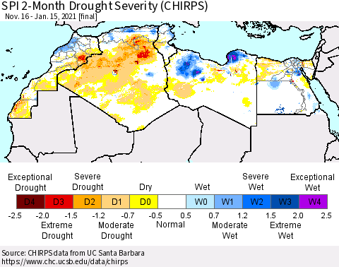 North Africa SPI 2-Month Drought Severity (CHIRPS) Thematic Map For 11/16/2020 - 1/15/2021