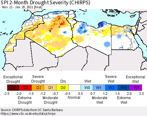 North Africa SPI 2-Month Drought Severity (CHIRPS) Thematic Map For 11/21/2020 - 1/20/2021