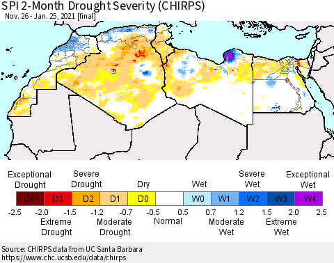 North Africa SPI 2-Month Drought Severity (CHIRPS) Thematic Map For 11/26/2020 - 1/25/2021