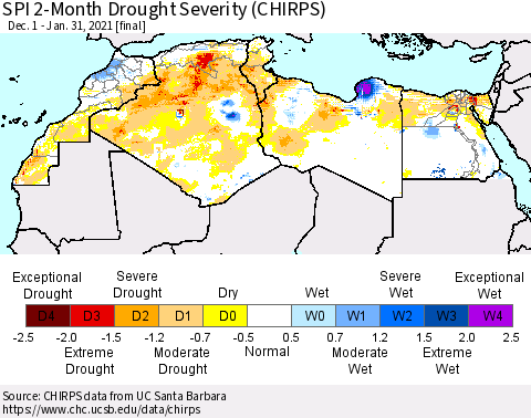 North Africa SPI 2-Month Drought Severity (CHIRPS) Thematic Map For 12/1/2020 - 1/31/2021