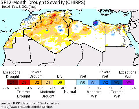 North Africa SPI 2-Month Drought Severity (CHIRPS) Thematic Map For 12/6/2020 - 2/5/2021