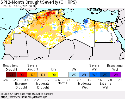 North Africa SPI 2-Month Drought Severity (CHIRPS) Thematic Map For 12/16/2020 - 2/15/2021