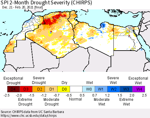 North Africa SPI 2-Month Drought Severity (CHIRPS) Thematic Map For 12/21/2020 - 2/20/2021
