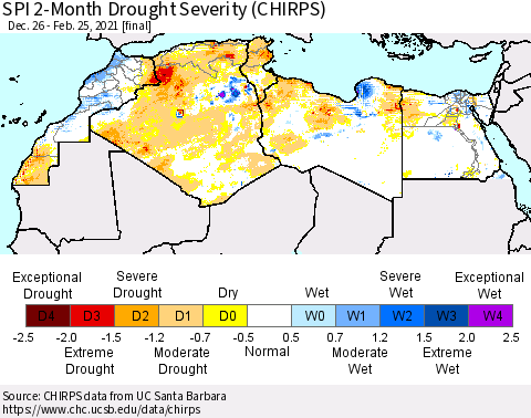 North Africa SPI 2-Month Drought Severity (CHIRPS) Thematic Map For 12/26/2020 - 2/25/2021