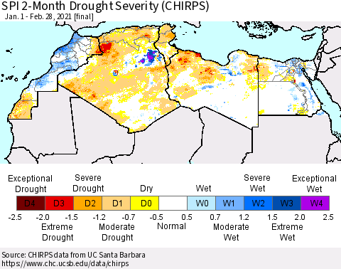 North Africa SPI 2-Month Drought Severity (CHIRPS) Thematic Map For 1/1/2021 - 2/28/2021