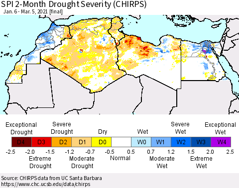 North Africa SPI 2-Month Drought Severity (CHIRPS) Thematic Map For 1/6/2021 - 3/5/2021