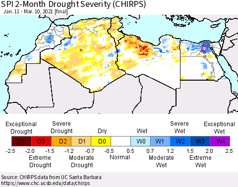 North Africa SPI 2-Month Drought Severity (CHIRPS) Thematic Map For 1/11/2021 - 3/10/2021