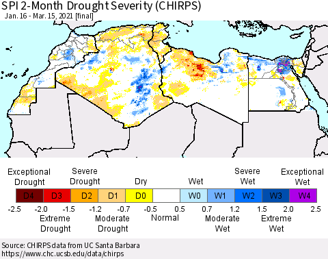 North Africa SPI 2-Month Drought Severity (CHIRPS) Thematic Map For 1/16/2021 - 3/15/2021