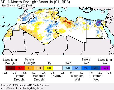 North Africa SPI 2-Month Drought Severity (CHIRPS) Thematic Map For 1/21/2021 - 3/20/2021