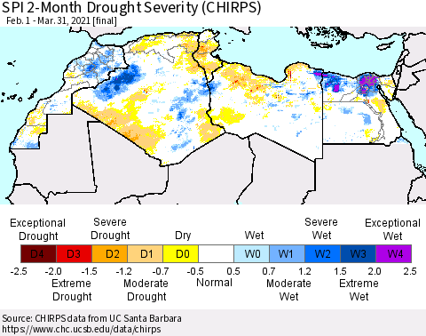 North Africa SPI 2-Month Drought Severity (CHIRPS) Thematic Map For 2/1/2021 - 3/31/2021