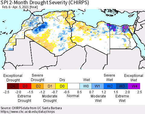 North Africa SPI 2-Month Drought Severity (CHIRPS) Thematic Map For 2/6/2021 - 4/5/2021