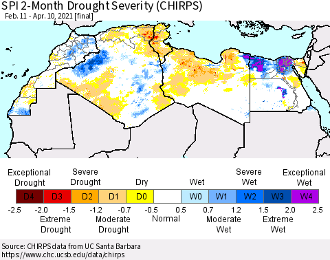 North Africa SPI 2-Month Drought Severity (CHIRPS) Thematic Map For 2/11/2021 - 4/10/2021