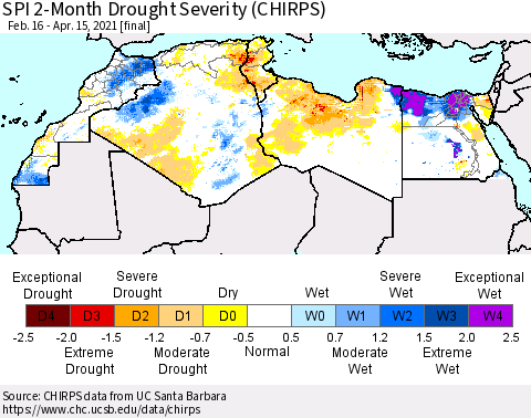 North Africa SPI 2-Month Drought Severity (CHIRPS) Thematic Map For 2/16/2021 - 4/15/2021