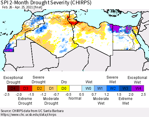 North Africa SPI 2-Month Drought Severity (CHIRPS) Thematic Map For 2/26/2021 - 4/25/2021