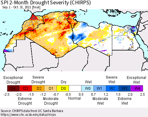 North Africa SPI 2-Month Drought Severity (CHIRPS) Thematic Map For 9/1/2021 - 10/31/2021