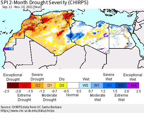 North Africa SPI 2-Month Drought Severity (CHIRPS) Thematic Map For 9/11/2021 - 11/10/2021