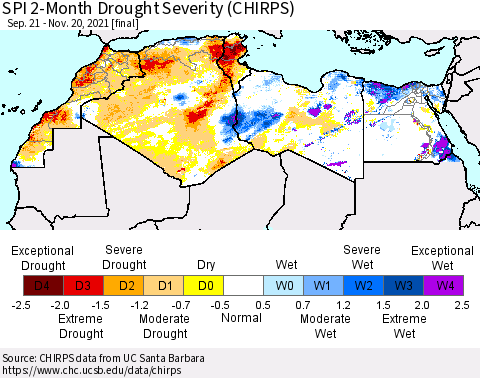 North Africa SPI 2-Month Drought Severity (CHIRPS) Thematic Map For 9/21/2021 - 11/20/2021