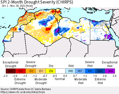 North Africa SPI 2-Month Drought Severity (CHIRPS) Thematic Map For 10/1/2021 - 11/30/2021