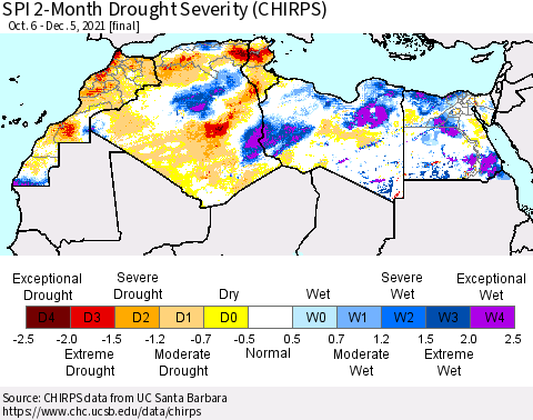 North Africa SPI 2-Month Drought Severity (CHIRPS) Thematic Map For 10/6/2021 - 12/5/2021